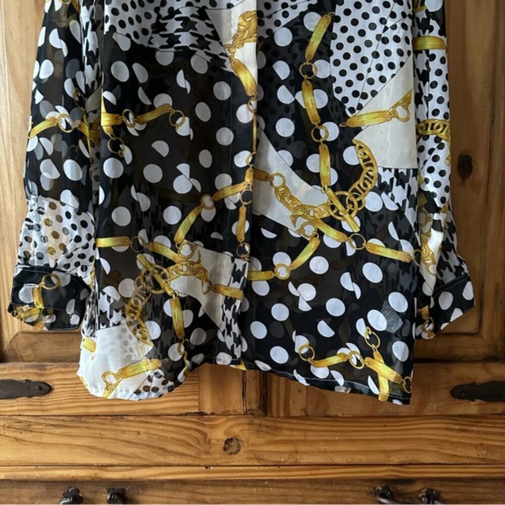 Vintage 90’s Button Up Shirt Polka Dots Gold Chains Black Yellow White - M - Picture 6 of 16